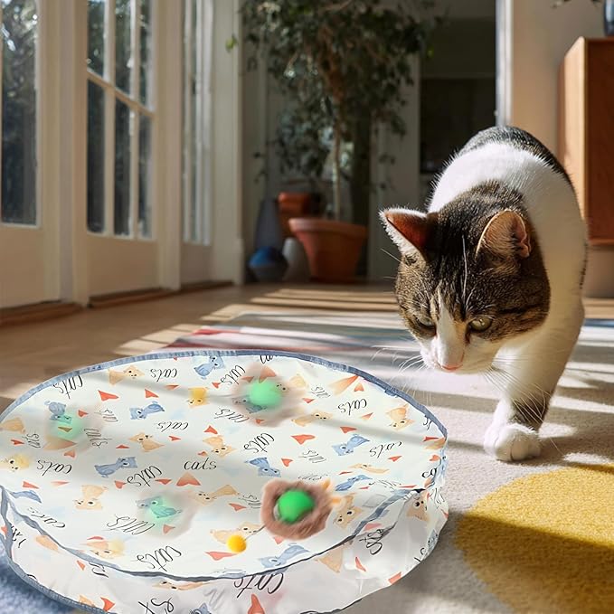 Rocfish Interactive Cat Toys Ball - Automatic Fast Rolling Ball in Play Mat, Hide and Seek Mouse Catching Game, Low-Noise Cat Enrichment Toys in Pouch for Indoor Bored Cats (Green Toy & Round Mat)-Mewly Pet