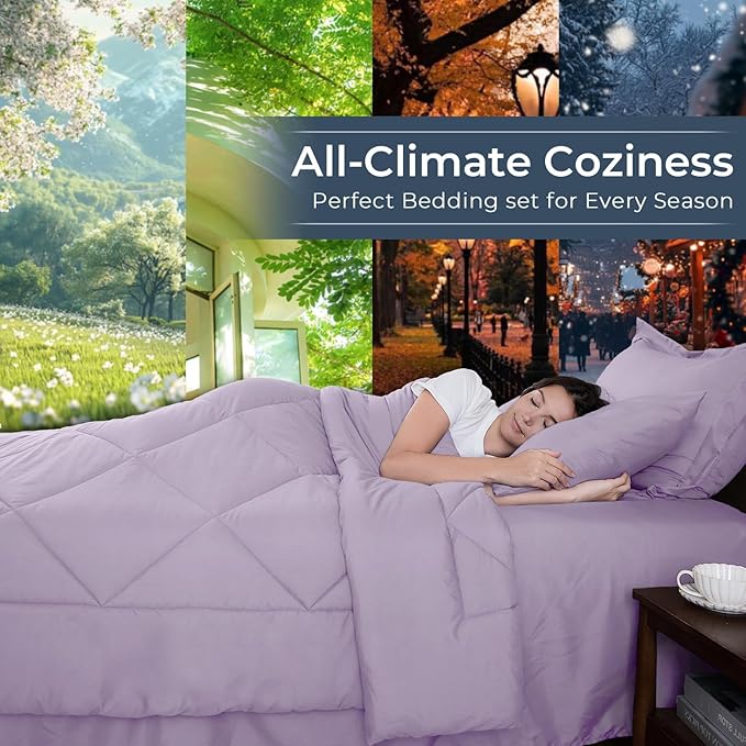 HEVUMYI Purple Twin-XL Comforter Set - 5-Piece All Season Bed in a Bag Twin-XL, Ultra Soft Bedding Set with Comforter, Flat Sheet, Fitted Sheet, Pillowcases, Pillow Shams, Lavender Purple