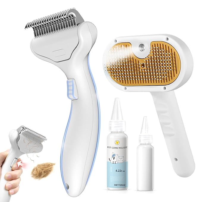 Undercoat Shedding Brush for Dogs & Cats – Professional Deshedding & Dematting Tool –Steam Brush for Cat & Dog Includes Waterless Shampoo-Mewly Pet