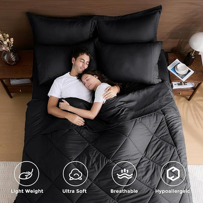 HEVUMYI Black Oversized Queen Comforter Set - 7-Piece All Season Bed in a Bag Oversized Queen, Ultra Soft Bedding Set with Comforter, Flat Sheet, Fitted Sheet, Pillowcases, Pillow Shams