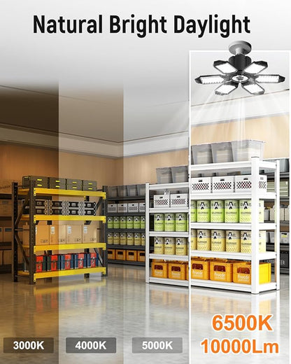 Adiding LED Garage Light 2 Pack, Super Bright 20000Lm Basement Ceiling Lighting w/ 6+1 Deformable Panels Screw in E26 Bulb Base Socket for Workshop Attic Warehouse Utility Laundry Storage Area