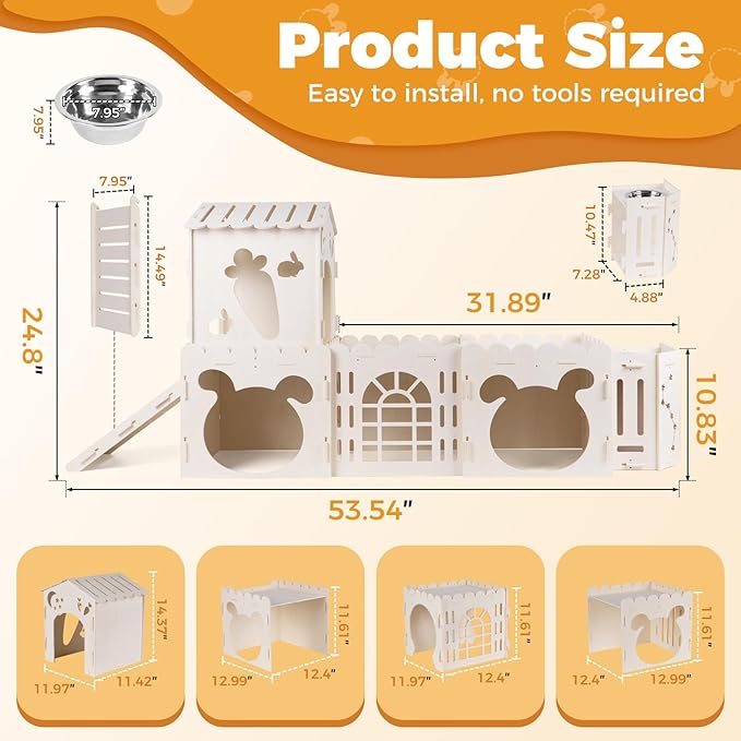 Extra Large Rabbit House, Wooden Bunny House Hideout with 4 Houses and Hay Feeder Indoor, Rabbit Guinea Pig Hideout Multistory Climbing Tower Sturdy Wooden Castle, Small Animal Hideaway Tunnel-Mewly Pet