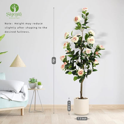 4FT Artificial Camellia Tree with White Planter & Pebbles,Faux Flower Tree with Lifelike Leaves and Realistic Trunk,Tall Fake Potted Plant for Home Décor Indoor Outdoor. (White, 4FT)