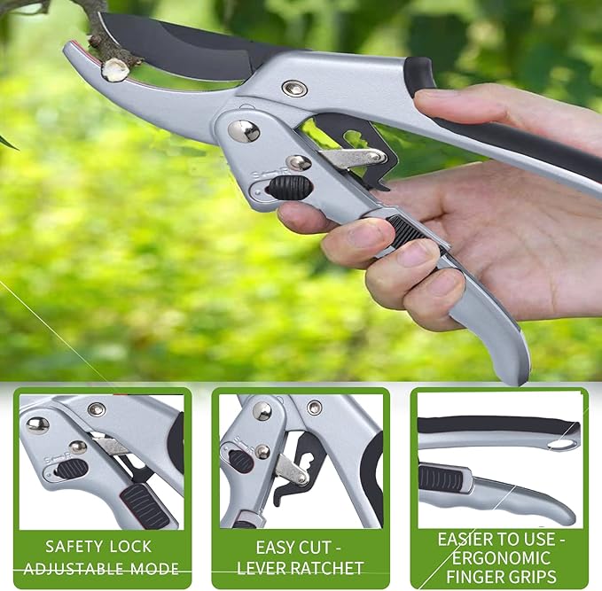 Garden clippers, premium Germany pruners, Work 3 times easier, professional ratchet pruning shears, cutting rose, flower, hedge, stem, tree, Sharp gardening scissors, Arthritis weak hand snips-Mewly Pet