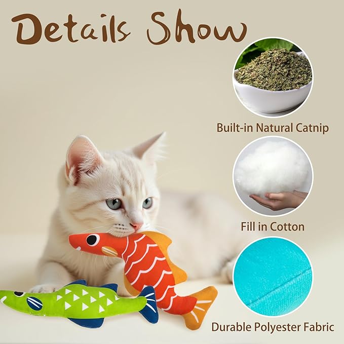 EXPAWLORER Catnip Cat Toys Fish,4 Pcs Durable Cat Kicker Toy with Natural Catnip Cotton,Interactive Bite Resistant Soft Pillow Filled for Indoor Cats Kitten Playing,Drives Bored Cats Crazy with Fun-Mewly Pet
