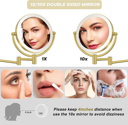 Rechargeable Wall Mounted Lighted Makeup Mirror with Magnification Gold, 8 Inch 1X/10X Magnifying Two Sided Led with Lights, 360 Swivel Extendable Shaving Mirror for Bathroom, Brushed Gold