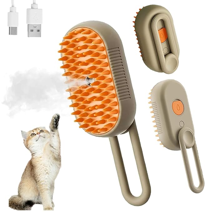 4 in 1 Cat Steam Brush,cat brushes for indoor cats,Rechargeable Steam Cat with Steam,Anti-Static Steam Pet Brushes for Dogs Cats(Khaki)-Mewly Pet
