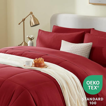 CozyLux Queen Comforter Set Dark Red, 7 Pieces Bed in a Bag, Red Comforter Queen Size, All Season Bedding Sets with Stitch Quilted Comforter, Flat Sheet, Fitted Sheet, Pillowcases