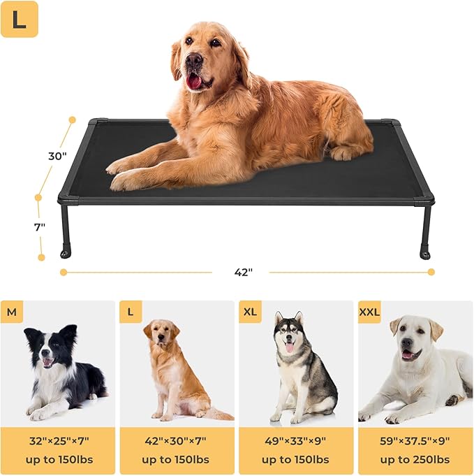 Veehoo Chewproof Elevated Dog Bed - Cooling Raised Pet Cot, Breathable Mesh, Washable & Non-Slip for Large Dogs, Indoor/Outdoor, Black Mat and Black Frame, 42x30inches (Model CWC2203A03)-Mewly Pet