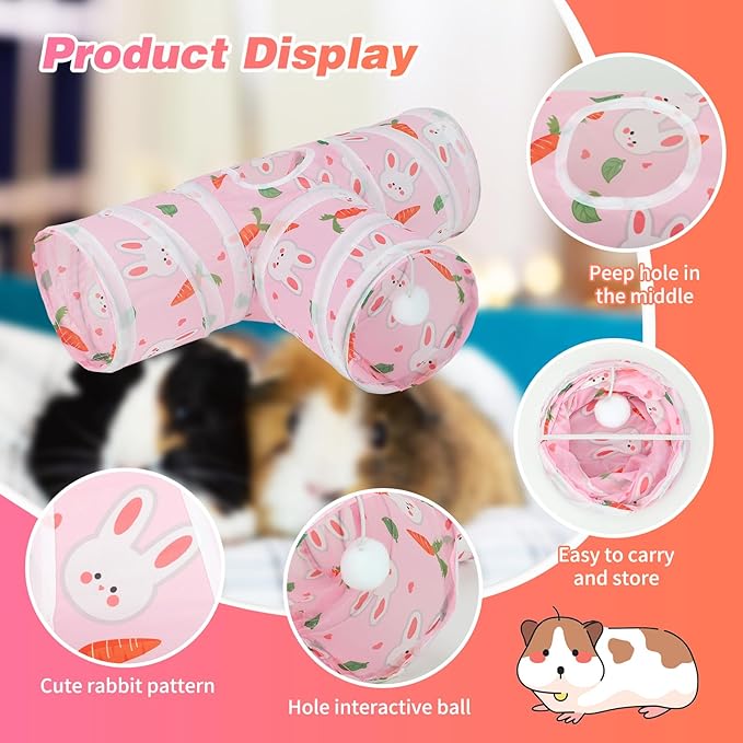 Rypet Guinea Pig Tunnel 3 Way Collapsible Small Pet Tunnels and Tubes with Interactive Ball for Baby Rabbit Ferret Hamster Chinchilla Hedgehog Hiding and Resting-Pink-Mewly Pet