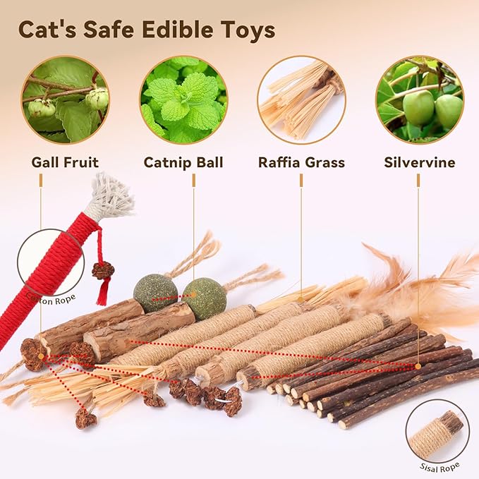 Cat Toys Cat Chew Toys, Silvervine Sticks Catnip Rope Toys for Cats Teeth Cleaning, Kitten Dental Care, Kitty for Indoor Cats Increase Appetite,Enhances Oral & Dental Health (20 Pack)-Mewly Pet