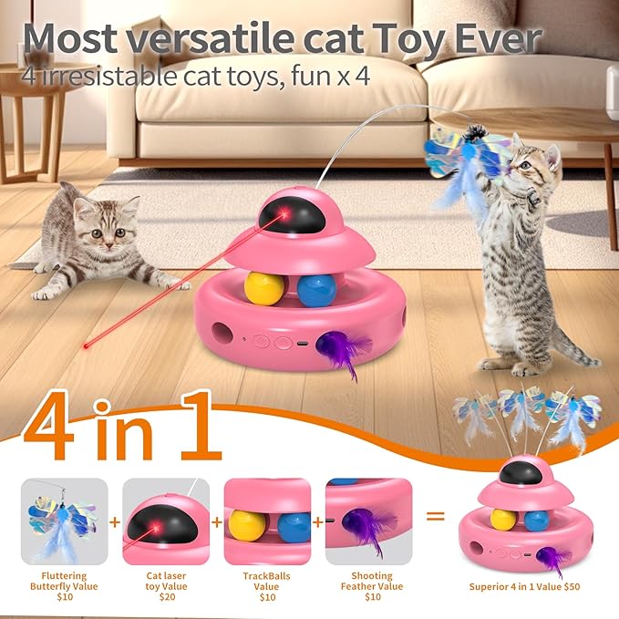 Automatic Cat Toys,4-in-1 InteractiveCat Toys for Bored Indoor Adult Cats, Electric Flying Butterfly,Rechargeable Moving Ambush Feather,Pink Kitter Toy Track Balls-Mewly Pet