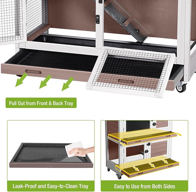 2-Story Rabbit Hutch Indoor Bunny Cage Wooden Guinea Pig House with Chew-Proof Ramp, Leakproof Slide-Out Trays, Lockable Caster Wheels for 1-3 Rabbits (Brown)-Mewly Pet