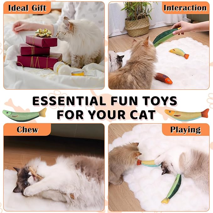 Cat Toys 4 Pack, Fish Shaped Catnip Toys with Crinkle Sound, Durable Interactive Chew & Kicker Toys for Indoor Cats, 8.1 Inch for All Breeds-Mewly Pet