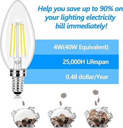 LED Candle Bulbs 40W Equivalent, E12 Candelabra Light Bulbs 4W 470Lm Clear Edison LED Bulb, Daylight White 5000K B11 Classic Bright Filament Bulbs, Dimmable Decorative Bulb for Lamps, Pack of 10