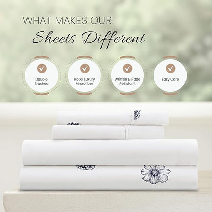 Linen Market Double-Brushed Patterned Microfiber Full Sheet Set 4 Piece – Oeko-TEX Certified Ultra Soft & Wrinkle-Free - 16" Deep Pocket Sheets - Easy Care Full Size - Indigo Flowers Navy