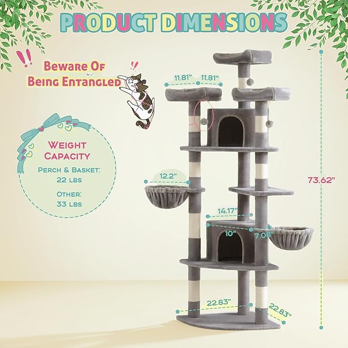 SHA CERLIN 73" Space-Saving Cat Tree/Multi-Level Tall Cat Tower with Perches/Scratching Posts/Condo & Hanging Baskets/Modern Fan-Shaped Design for Indoor Kitties/Pet Activity House/Grey-Mewly Pet