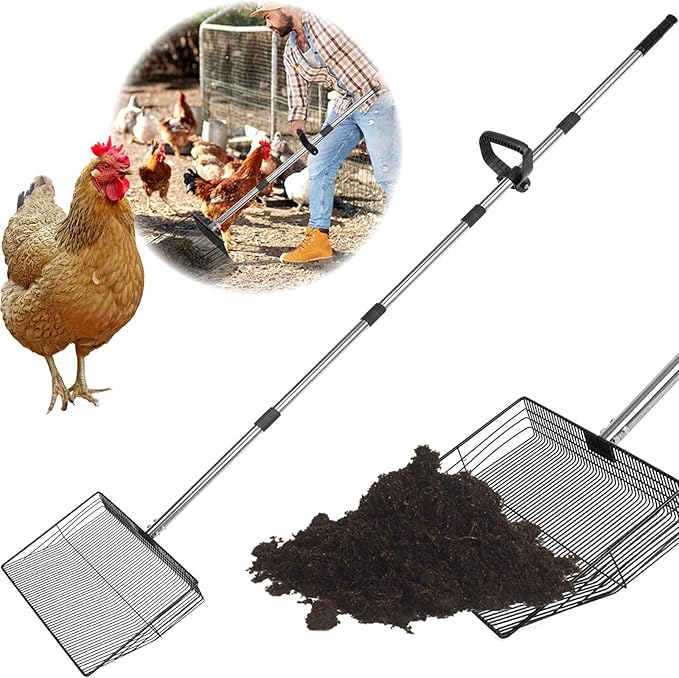 15 inch Large Chicken Poop Scooper with Ergonomic Grip, 6 in 1 Detachable Chicken Scooper for Poop Shovel (20 to 79"), Stainless Steel Sifting Shovel for Chicken Coop/Goat Stall/Stable Cleaning Tool-Mewly Pet