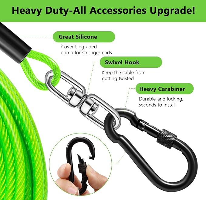 Dog Tie Out Cable 30FT-500Lbs,Heavy Duty Dog Leads Line for Yard with Swivel Hook,Medium Large Dogs Leash&Chains for Outside,Rust Chew Proof Dogs Run Cable for Outdoor Camping (Green, 30FT)-Mewly Pet