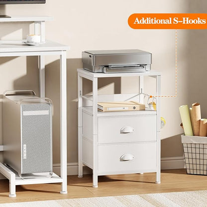 Furologee Nightstands Set of 2, End Table with 2 Fabric Drawers, Night Stand with 2 Hooks, Open Wood Shelf Bedside Table for Bedroom/Living Room/White