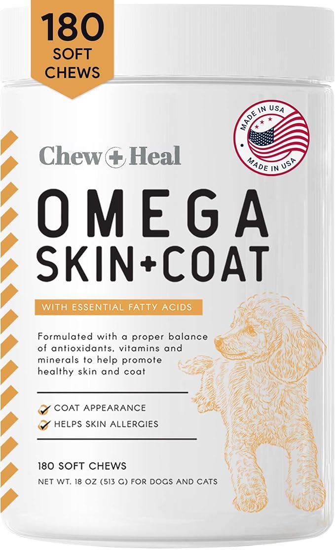 Salmon Oil for Dogs - 180 Soft Chew Omega Treats for Skin and Coat - Fish Oil Blend of Essential Fatty Acids, Omega 3 and 6, Vitamins, Antioxidants and Minerals - Made in USA-Mewly Pet