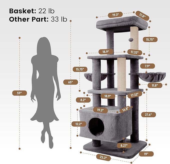 Gardner Pet 65in Heavy Duty Cat Tree Tower for Large Cats, Multi-Level Cat Furniture with Replaceable Sisal Scratching Post, Hammock | Extra-Large Platform & Condo (Upgraded Grey)-Mewly Pet