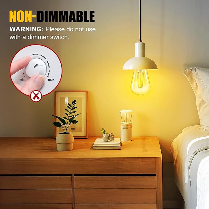 Brightown 12 Pack LED Edison Bulbs, 6W, Equivalent 60W, High Bright 2700K Warm White,750 Lumens, Non-Dimmable, E26 Medium Base ST58 Antique Filament Bulbs with 83+ CRI for Ceiling Fan Bathroom Porch
