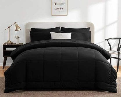 CozyLux Full Size Comforter Sets Black, 7 Pieces Bed in a Bag, Black Comforter Full Size, All Season Bedding Sets with Stitch Quilted Comforter, Flat Sheet, Fitted Sheet, Pillowcases