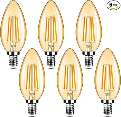 6-Pack Dimmable E12 LED Candelabra Bulbs 40Watt Equivalent, 2200K Amber Warm White, 380Lumens, 4W B11 Amber Chandelier Light Bulbs, LED Filament Clear Glass Candle Lamp for Ceiling Fan Home Decor