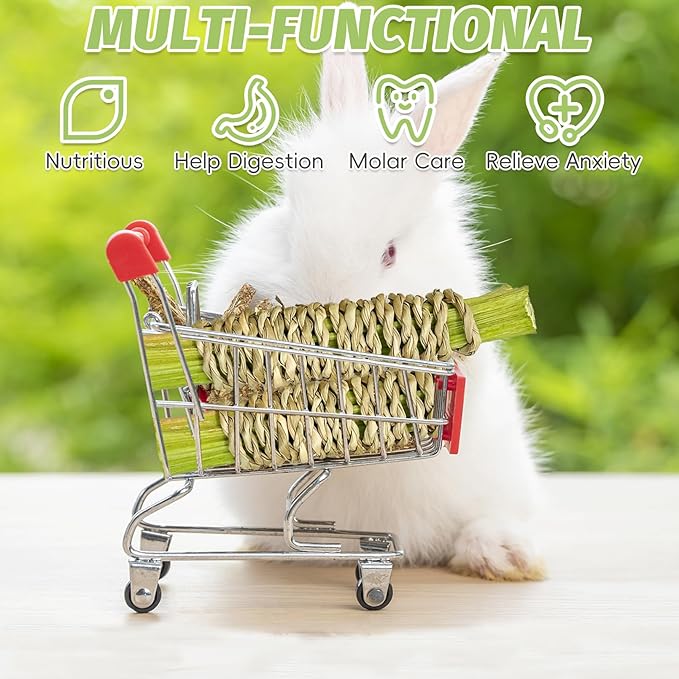 Fhiny 24 PCS Rabbit Chew Sticks, Natural Papaya Wood Seagrass Guinea Pig Chew Toys for Teeth Small Animal Molar Sticks Snacks for Bunny Guinea Pig Chinchilla Ferret Hamster Gerbil Dental Care-Mewly Pet