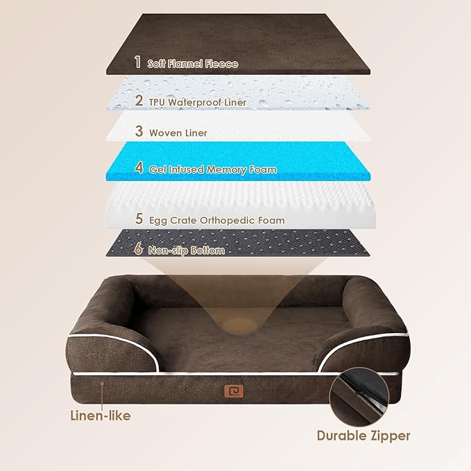 EHEYCIGA Orthopedic Dog Beds for Extra Large Dogs, Waterproof Memory Foam XL Dog Bed with Sides, Non-Slip Bottom and Egg-Crate Foam Big Pet Couch Bed with Washable Removable Cover, Brown-Mewly Pet