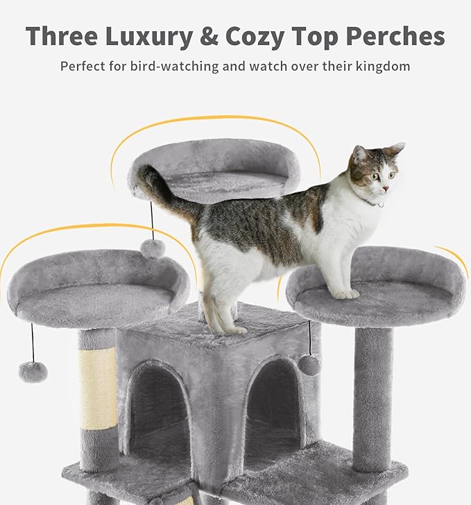 Made4Pets Tall Cat Tree, 80" Cat Tree Tower for Indoor Cats Large Adult, Modern Cat Tower with Scratching Post, Cozy Hammock, 3 Perches and 2 Condos, Sturdy and Fluffy, Light Gray-Mewly Pet