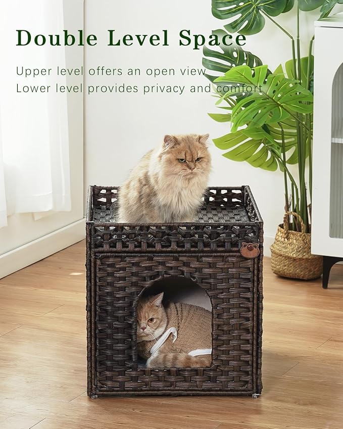 Cat Beds for Indoor Cats Extra Large Double Cat Cave Pet Cube, Handwoven Rattan Cat Houses with Double-Sided Soft Cushions, 18.5 x 20.5 x 19.1 Inches Foldable Hideaway in Living Room Brown-Mewly Pet