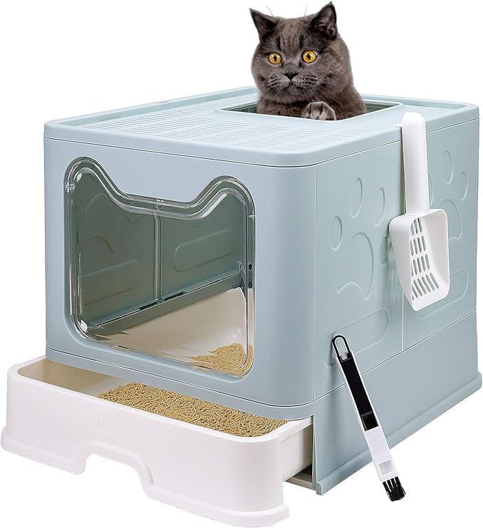Foldable Cat Litter Box with Lid, Enclosed Potty, Large Top Entry Anti-Splashing Toilet, Easy to Clean Including Litter Scoop and 2-in-1 Cleaning Brush (Blue)-Mewly Pet