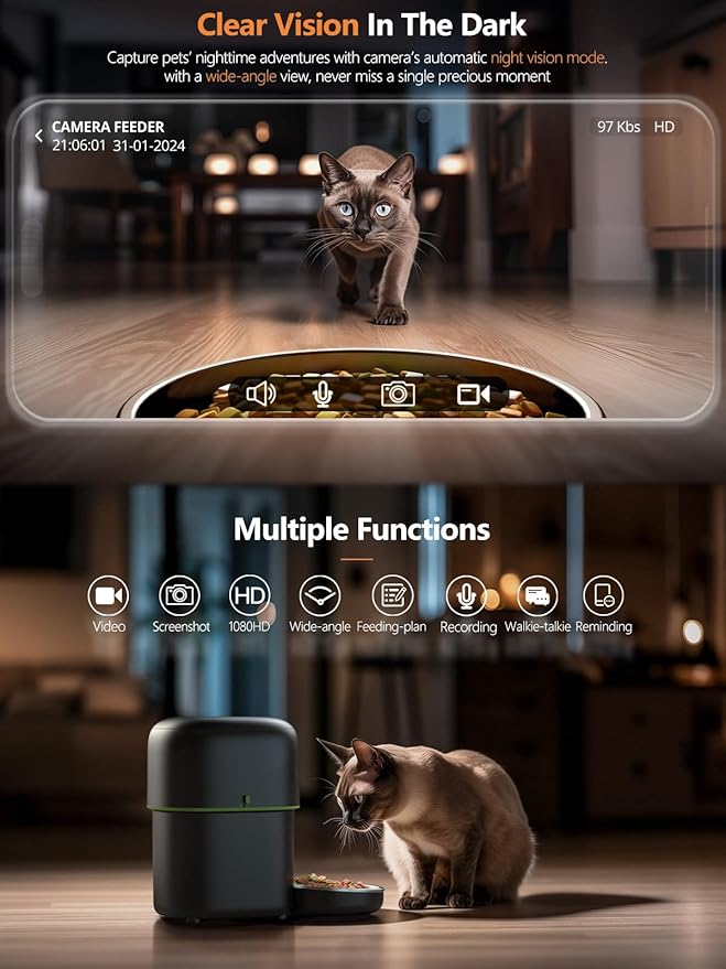 Automatic Cat Feeder with Camera - 5G WiFi Auto Cat Food Dispenser, 1080P HD Video with Night Vision, 1-15 Meals, 1-99 Portions, 2-Way Audio, Keeps Food Fresh, Timed Pet Feeder Also for Dogs-Mewly Pet