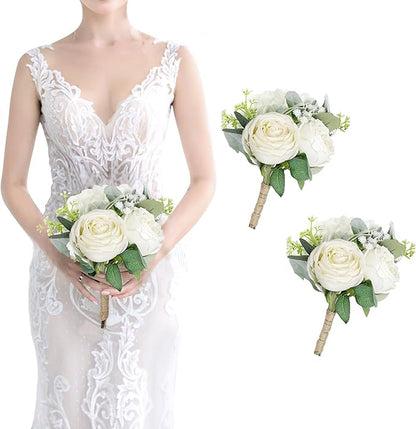 Bridesmaid Bouquets Set of 2 - Ivory White Artificial Flowers Bouquet for Bridesmaids Wedding Small Floral Centerpieces for Marriage Proposal Party Anniversary Dining Table Decor -7 Inch