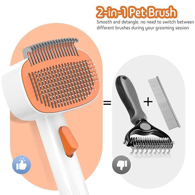 Self Cleaning Slicker Brush, 2-in-1 Cat Brush for Shedding, Skin Friendly Grooming Tool for Long & Medium-Long Hair Pets, Adjustable Bristle Length with Dematting Comb for Cats, Dogs (Orange)-Mewly Pet
