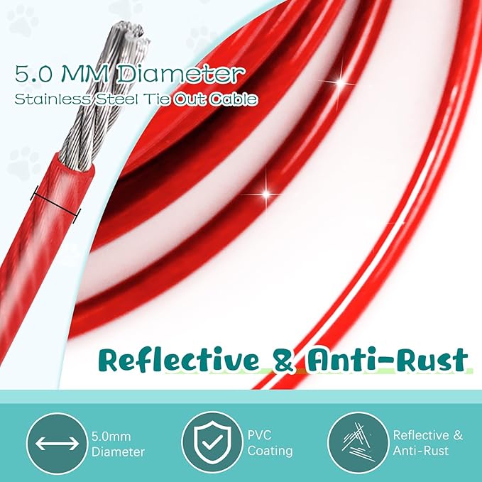 Red Chew Proof 30FT Dog Tie Out Cable, Heavy Duty Dog Lead for Yard & Camping-Mewly Pet