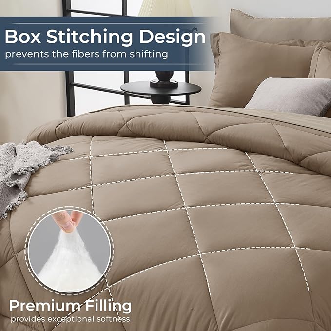 HEVUMYI Khaki & Linen Queen Comforter Set - 7-Piece All Season Bed in a Bag Queen, Ultra Soft Bedding Set with Comforter, Flat Sheet, Fitted Sheet, Pillowcases, Pillow Shams
