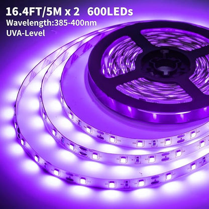 Upgraded 33ft/10M LED Black Light Strip Set with Remote, 600 LEDs, 12V Self-Adhesive Dimmable Black Light Fixture, for Dance Parties, SMD2835 LED Lamp Beads, Non-Waterproof