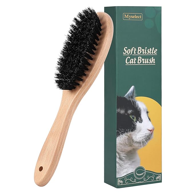 Boar Bristle Cat Brush with Wooden Handle, Soft and Gentle, Reduce Shedding, Make Coat Soft, Smooth and Shinny, Daily Grooming Tool for Short Haired Cats, Kitten-Mewly Pet