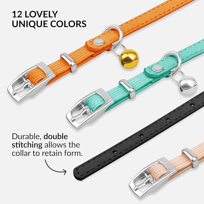 CollarDirect Leather Cat Collar with Bell - Kitten Small and Big Cat Collar for Boy Cats, Girl Cats with Safety Elastic Strap (Neck Fit 6"-7", Black)-Mewly Pet