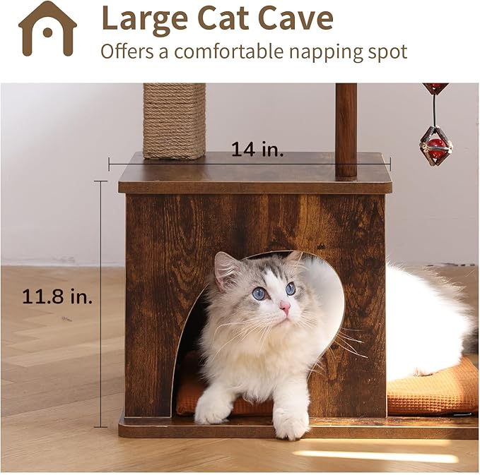 FUKUMARU Cat Tree, 4 in 1 Large Modern Cats Tower with Jute Scratching Post and Hammock, Wood Cat Condo with silvervine Balls, Brown Cat Climber Stand Playhouse for Indoor Cats, Retro Style-Mewly Pet