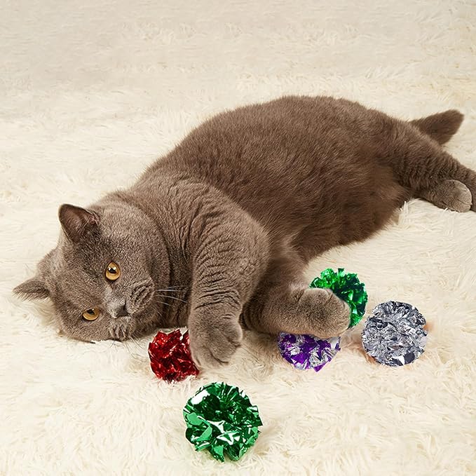Andiker Cat Crinkle Balls, 2.36 Inches 6 Colors 12pcs Cat Balls Chew and Chase Kitten Mylar Crinkle Ball Lightweight Cats Toys for Indoor Cats to Keep Fit and Active(12pcs)-Mewly Pet