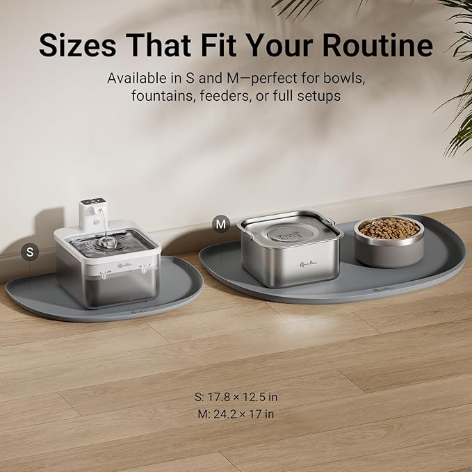 DownyPaws Dog Food Mats for Floors Waterproof, BPA Free Silcone Dog Bowl Mat, Non-Slip Pet Feeding Mat with High Raised Edge, Cat Placemat for Messy Drinkers, 24"×17", Light Gray-Mewly Pet