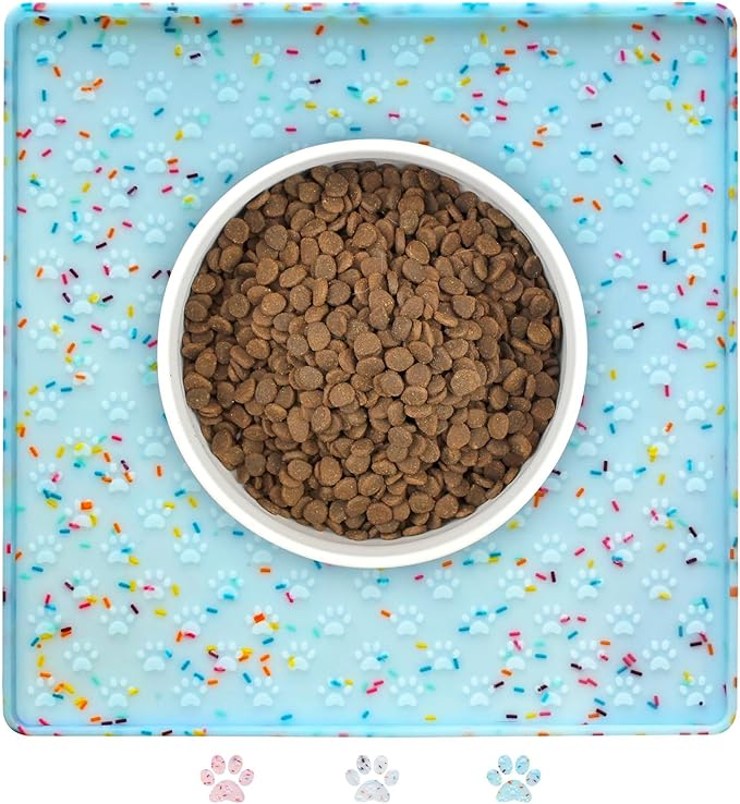 Ptlom Dog Food Mat Anti-Slip Dog Bowl Mats for Food and Water, Waterproof Pet Placemat Prevents Messy Spill to Floor, Silicone Puppy Feeding Tray for Small, Medium and Large Dogs Cats, Blue-Mewly Pet