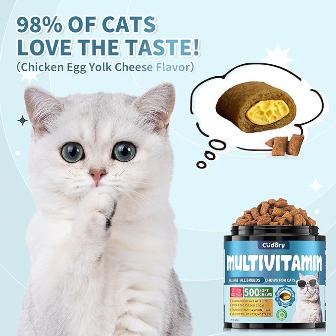 Cat Multivitamin, Crunchy & Creamy Cheese Chew– Supports Energy and Skin & Coat – with Taurine, B-Complex, Zinc Methionine & Selenium Yeast – Daily Health Supplement for Cats of All Ages (500 Chew)-Mewly Pet