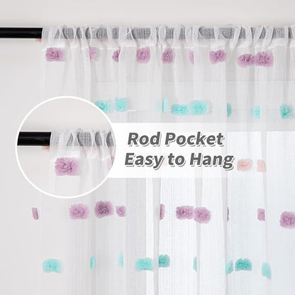 MYSKY HOME Rainbow Curtains for Bedroom Nursery Pom Pom Curtains Kids 84 Inch Length Long White Sheer Curtains 2 Panels Set for Living Room Girls Room Rod Pocket Farmhouse Dining Room 52 x 84 inch