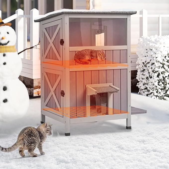 GUTINNEEN Outdoor Heated Cat House for Winter, Weatherproof Wooden Feral Cat Shelter with Escape Door, Heating Pad & Removable Mat(AIR14-Heated)-Mewly Pet