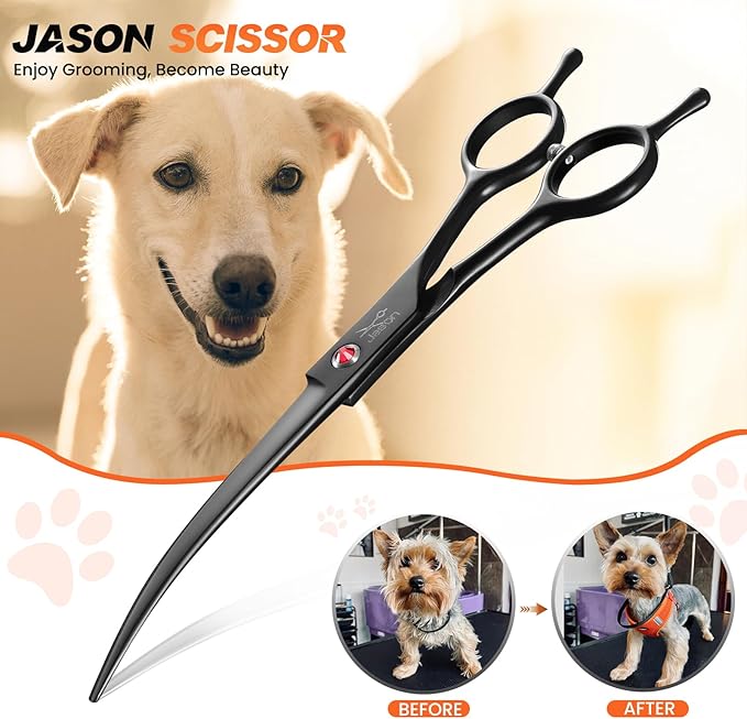 JASON 7.5" Dog Grooming Scissor - Professional Down-curved Shear with Ergonomic Handle Japanese Stainless Steel Hair Scissor for Dogs, Cats and Other Pets, Sharp (Down-curved, Black)-Mewly Pet